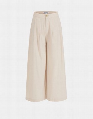 Khaki Urban Revivo Pleated Wide Leg Cropped Women's Pants | CRVEFZ-780