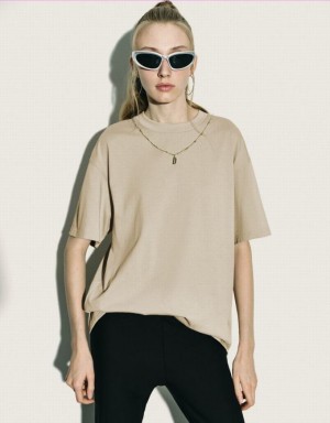 Khaki Urban Revivo Regular With Necklace Women's T-Shirts | LBAJNH-140