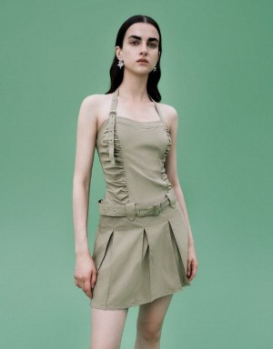 Khaki Urban Revivo Sleeveless A-Line With Belt Women's Dress | RCZUPG-429