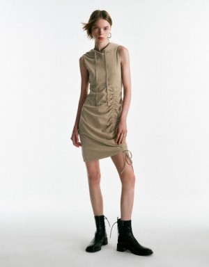 Khaki Urban Revivo Sleeveless Hooded Skater Women's Short Dress | DGZXYP-856