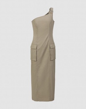 Khaki Urban Revivo Sleeveless One Shoulder Straight Women's Dress | OUFAYZ-812