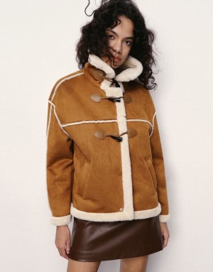 Khaki Urban Revivo Straight Furry Women's Jacket | SKFLJD-685