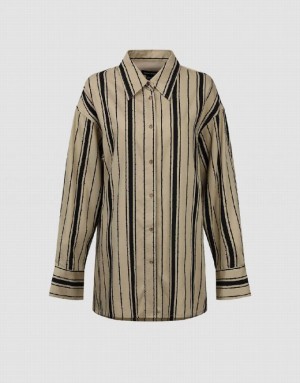 Khaki Urban Revivo Striped Straight Loose Women's Shirts | SVMLGJ-972