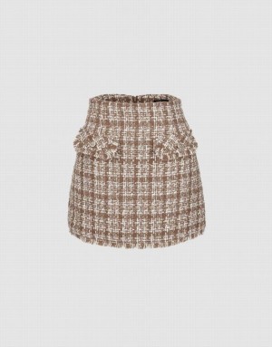 Khaki Urban Revivo Tweed Mini A-Line Women's Skirts | GZCMBA-073