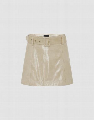 Khaki Urban Revivo Vegan Leather Straight With Belt Women's Skirts | DBOVPG-426