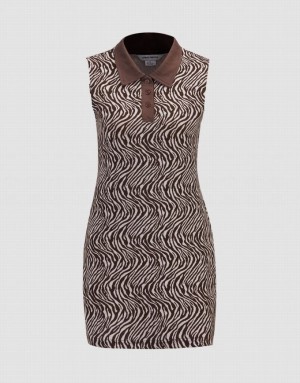 Khaki Urban Revivo Wavy Pattern Half Button Sleeveless Women's Knitted Dress | ROHPWS-026