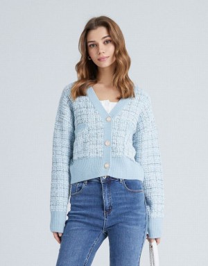 Light Blue Urban Revivo Pocket Tweed Plaid Women's Cardigan | FPBCDI-305