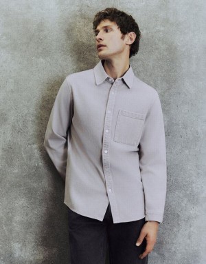 Light Grey Urban Revivo Button Up Loose Denim Men's Shirts | LONJKF-016