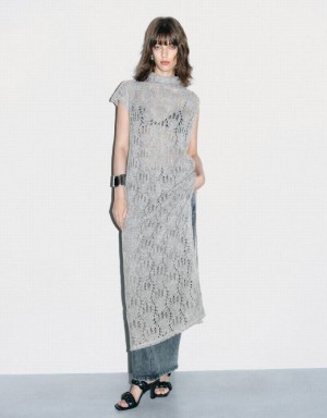 Light Grey Urban Revivo Crochet Sleeveless Turtle Neck Straight Women's Dress | XEPYTG-596