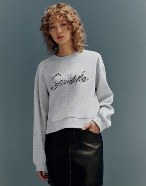 Light Grey Urban Revivo Letter Embroidered Crew Neck Loose Women's Sweatshirts | XFNRBE-483