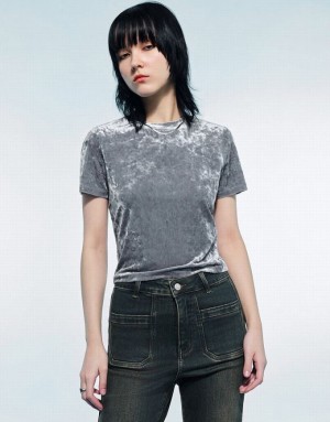 Light Grey Urban Revivo Printed Crew Neck Skinny Women's T-Shirts | LWRUAC-847