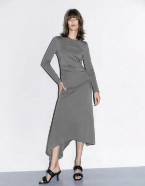 Light Grey Urban Revivo Ruched Crew Neck A-Line Women's Dress | UCTESA-987