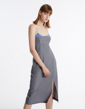 Light Grey Urban Revivo Slit Hem Contrast Color Women's Casual Dress | VTEKDR-658