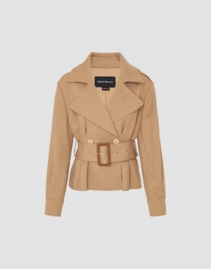 Light Khaki Urban Revivo Notch Lapel Skater With Belt Women's Jacket | LIBNDU-937