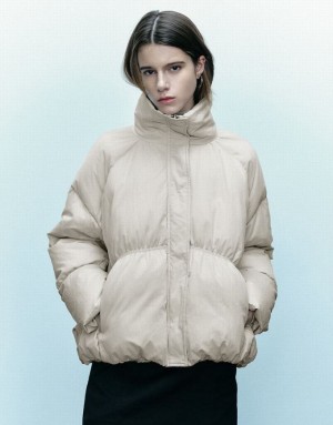 Light Khaki Urban Revivo Stand Collar Women's Puffer Jacket | KASERF-841