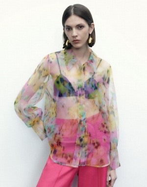 Multicolor Urban Revivo Flowers Printed Sheer Overhead Women's Blouse | DGLVSF-958