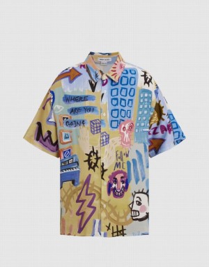 Multicolor Urban Revivo Graffiti Printed Loose Men's Shirts | JGTHDK-379