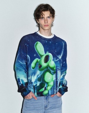 Multicolor Urban Revivo Interstellar Bunny Printed Knitted Men's Cardigan | WTPREC-406