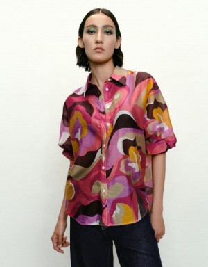 Multicolor Urban Revivo Printed Button Up Lapel Women's Shirts | IJLOGT-124