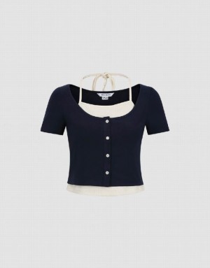 Navy Urban Revivo 2 In 1 Halter Neck Knitted Women's T-Shirts | GFBZDC-209