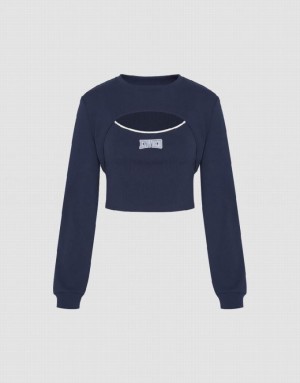 Navy Urban Revivo Cut-Out Crew Neck Knitted Women's T-Shirts | UOTSBA-195