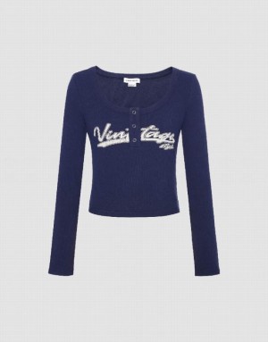 Navy Urban Revivo Letter Print With Press Buttons Women's T-Shirts | QZWECP-413