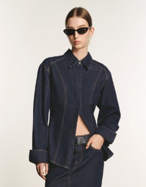 Navy Urban Revivo Skater Denim Women's Shirts | EGTJYF-209