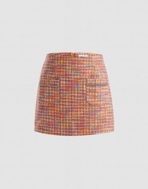 Orange Urban Revivo Patched Pocket Tweed Women's Skirts | MFCDPQ-681