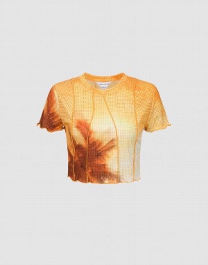 Orange Urban Revivo Printed Crew Neck Skinny Women's T-Shirts | JARHKE-356