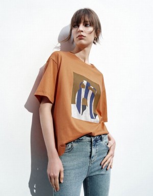 Orange Urban Revivo Printed Loose Women's T-Shirts | DESGIX-043