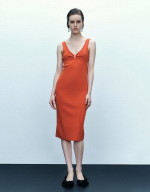 Orange Urban Revivo Sleeveless V-Neck Women's Knitted Dress | ADJMQW-602