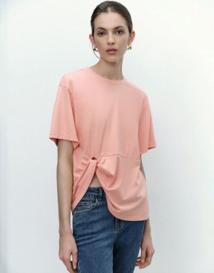 Pink Urban Revivo Asymmetric Crew Neck Women's T-Shirts | KVASTI-960