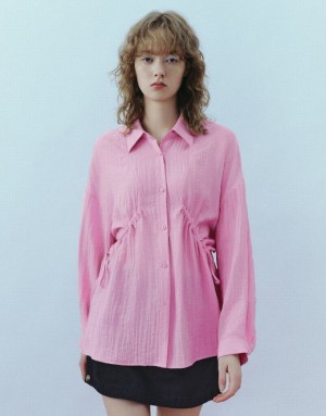 Pink Urban Revivo Button Up Loose A-Line Women's Shirts | BFXQVG-098