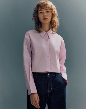 Pink Urban Revivo Button Up Straight Lapel Women's Shirts | PSIMZC-384