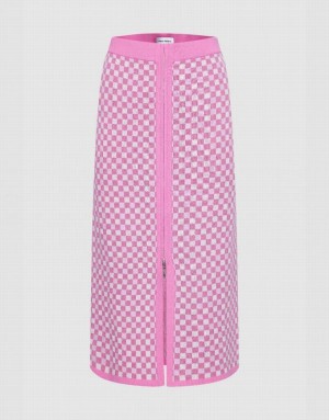 Pink Urban Revivo Checkered Midi Straight Knitted Women's Skirts | AKOZVJ-874