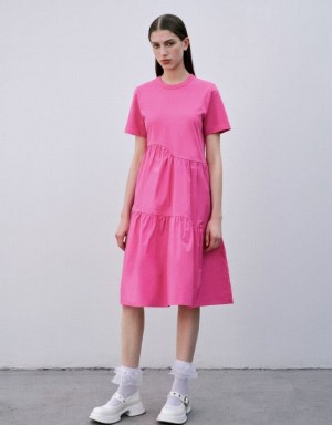 Pink Urban Revivo Crew Neck A-Line Women's Dress | BMKYDL-592