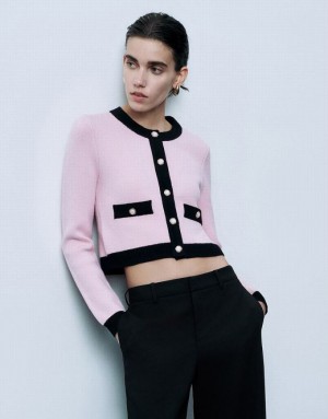 Pink Urban Revivo Crew Neck Straight Knitted Women's Cardigan | HDOIMG-461