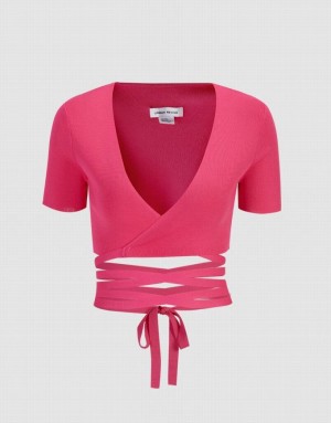 Pink Urban Revivo Crossover Plunging Knitted Crop Women's T-Shirts | AZLCHQ-805