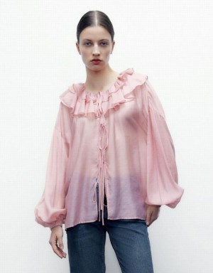 Pink Urban Revivo Drop Should Ruffle Lapel Women's Shirts | VSUKLB-804