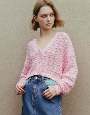 Pink Urban Revivo Drop Shoulder Sleeve V-Neck Knitted Women's Cardigan | REVKQT-549