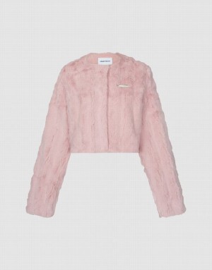 Pink Urban Revivo Furry Crew Neck Straight Women's Coats | HMGQIY-479