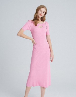 Pink Urban Revivo Heart Cut Out Ribbed Women's Knitted Dress | VPDLAQ-851