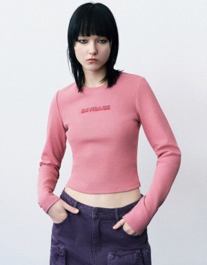 Pink Urban Revivo Letter Embossed Crew Neck Knitted Women's T-Shirts | MDBJKH-592