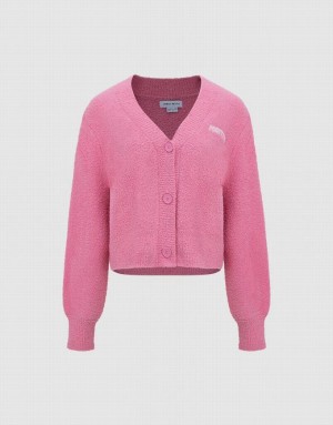 Pink Urban Revivo Letter Embroidered V-Neck Knitted Women's Cardigan | XROQJE-840