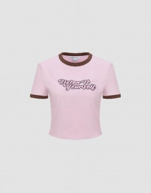 Pink Urban Revivo Letter Printed Crew Neck Regular Women's T-Shirts | KHEPIG-203