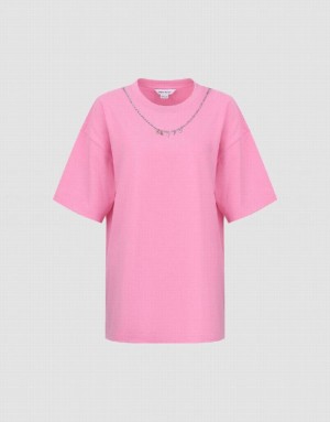 Pink Urban Revivo Necklace Decor Crew Neck Loose Women's T-Shirts | ZJLBGS-685