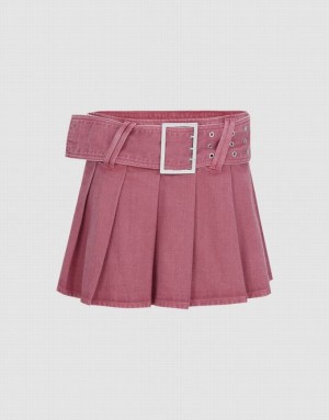 Pink Urban Revivo Pleated Mini A-Line Women's Denim Skirt | ZPLCEO-074