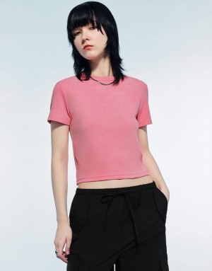 Pink Urban Revivo Printed Crew Neck Skinny Women's T-Shirts | ZOYUEI-431