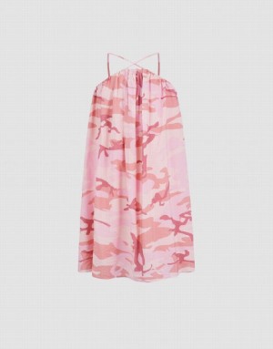 Pink Urban Revivo Printed Sleeveless V-Neck A-Line Women's Dress | SDUPFN-406