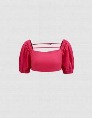 Pink Urban Revivo Puff Sleeve Crop Women's T-Shirts | RWSCIF-352